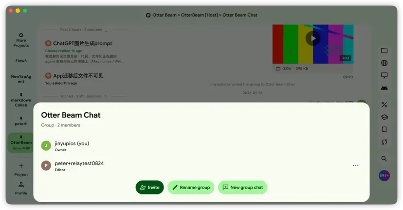 A team group chat inside an Otter Beam project.